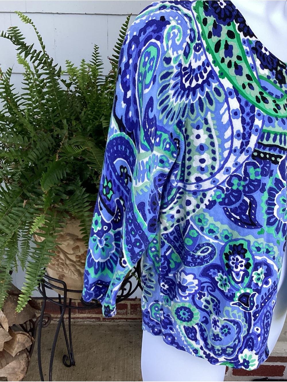 Talbots Blue Green Paisley Three Quarter Sleeve Lightweight Knit Sweater XL NWOT - Picture 3 of 10